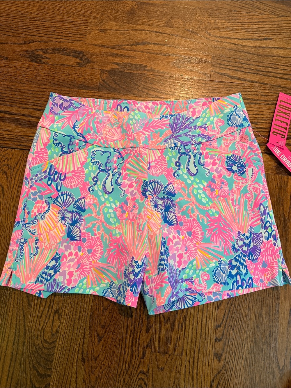 Lilly Pulitzer Pink Aqua Multi Tropical-Print Athletic Shorts